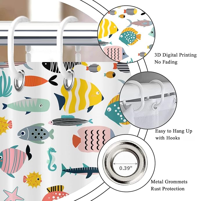 Kid Shower Curtain, Colorful Cartoon Tropical Fish Ocean Beach Theme Bath Curtain Waterproof Fabric Machine Washable with Hooks, 60" Wx72 L