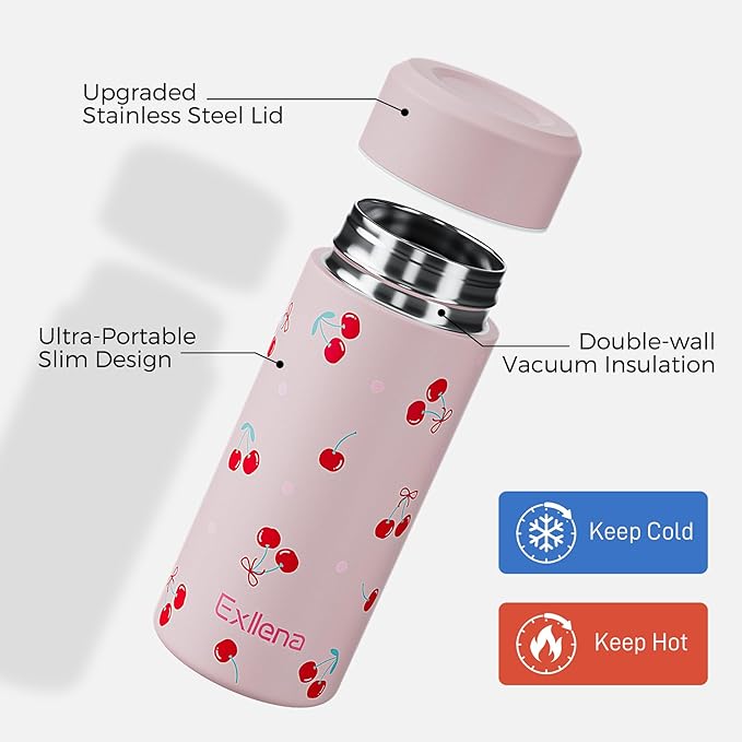 【Upgraded】Exllena Small Insulated Water Bottle 8 oz/250ml– Mini Insulated Water Bottle for Hot & Cold Drinks, Perfect Small Water Bottle for Travel, Purse...(Cherry)