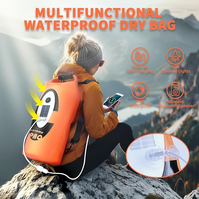 FELICON Solar/Battery Powered Multi-Functional Backpack with Bluetooth Speaker,IP66 Waterproof Dry Bag,Heavy Duty Roll Top Closure,Large Capacity Bag for Camping,Hiking,Traveling (Orange 10L)