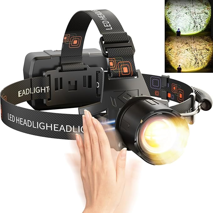 SKYFIRE Rechargeable Headlamp 3000 Lumens Motion Sensor, LED Super Bright 7500mAh Battery, Zoomable Waterproof Head Light for Running Cycling Camping Hiking - Dual Light Sources Warm & White Light