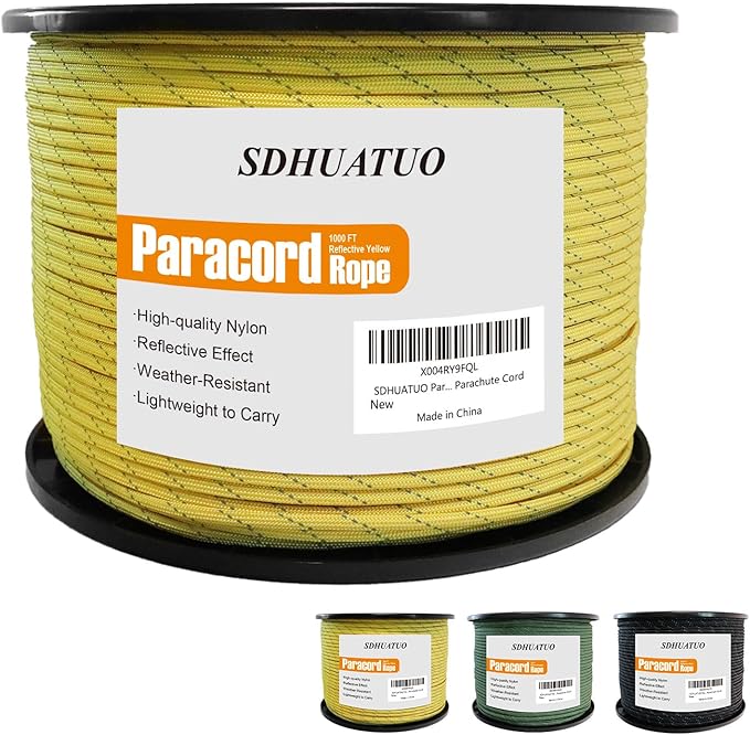 SDHUATUO Paracord Rope 1000FT, 550lb Type III Nylon Parachute Cord 7-Strand Core with Reflective Strips, Utility String for Survival, Camping Gear, Hiking, DIY, Crafting, Outdoor, Yellow