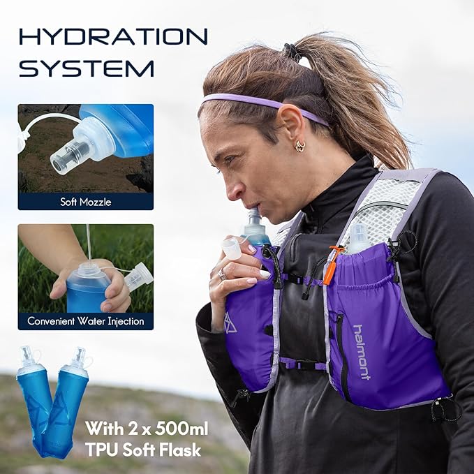 Haimont Running Hydration Vest with Water Bottles for Men Women, Lightweight 10L Hydrated Vest Pack for Trail Running, Hiking