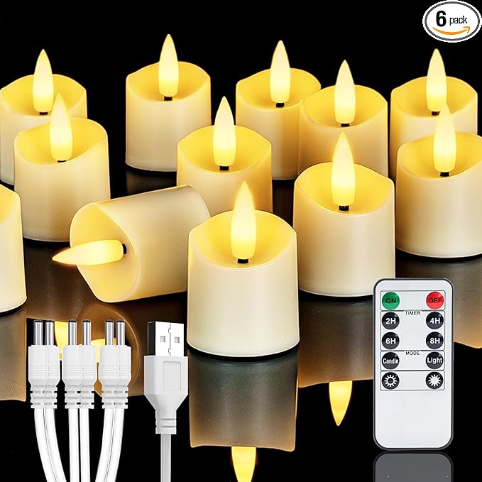 Homemory Rechargeable Flameless Candles, 2/4/6/8H Timer LED Votive Candles, 6 PCS Battery Operated Tea Lights with Timer for Table, Wedding, Christmas (USB Charging Cable Included)