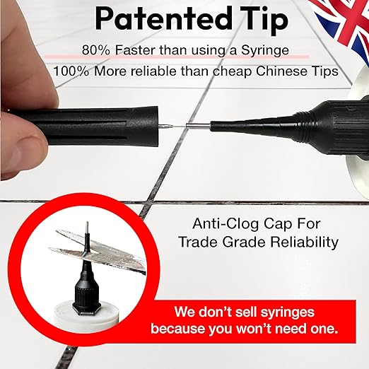 Floor-Fix Pro The Original Adhesive - Extra Strength - Fix Loose & Hollow Tiles, Repair Squeaky Wood Floor - All in One 5/64” Patented Stainless Steel Injection Tip + Anti Clog Cap (4)