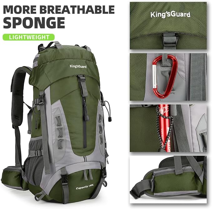 King'sGuard 60L Hiking Backpack for Men and Women Lightweight Camping Hiking Backpack with Rain Cover Large Waterproof Travel Backpack Backpacking Pack (Army Green)