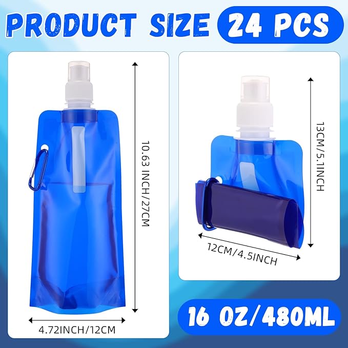 Teenyyou 24pack Collapsible Water Bottles Bulk 16oz Foldable Water Bottles with Carabiner Reusable Drinking Leak Proof Container Bags for Sport Biking Hiking Camping Travel Outdoor (Blue)