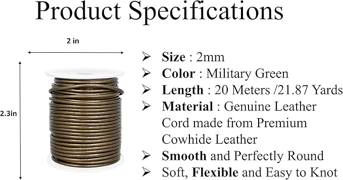 GENIQUE Real/Genuine Round Leather String Cord for Necklace, Bracelets, Jewellery, Braiding (Military Green Metallic, 2mm)
