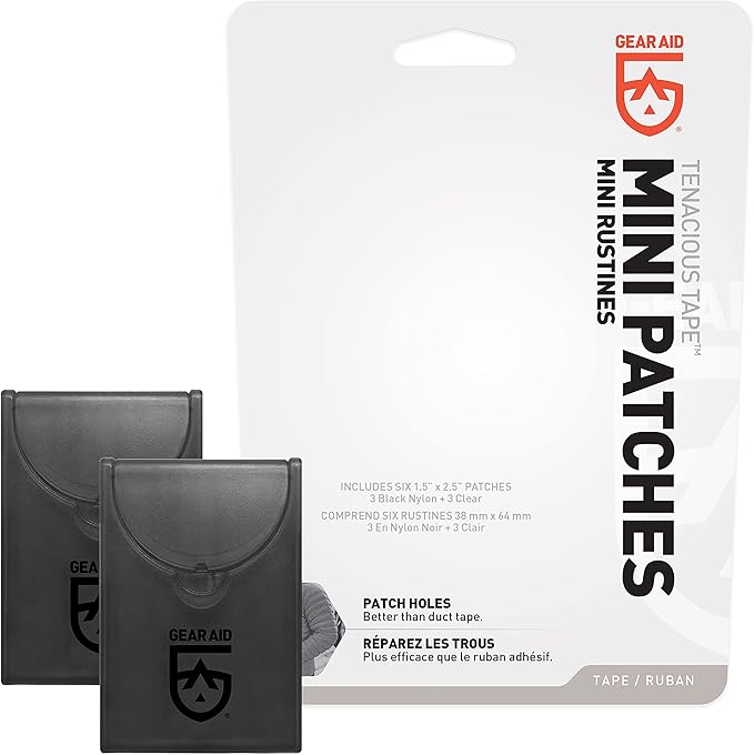GEAR AID Tenacious Tape Mini Patches with Peel-and-Stick Adhesive to Fix Holes and Tears in Winter Gear, Down Puffer Jackets, Sleeping Bags, Tents, and Rain Gear, Black, 2 Pack