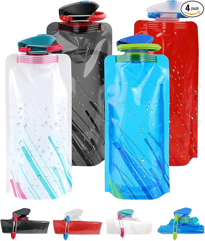 4 Pack Collapsible Water Bottle with Carabiner, 23oz Foldable Reusable BPA-Free Water Bottles with Leakproof Lid for Traveling Hiking Camping Biking