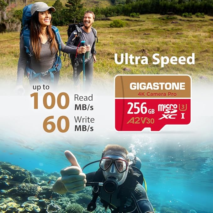 【5-Years Data Recovery】 GIGASTONE 256GB Memory Card 2 Pack 4K Pro Camera Compatible with GoPro Switch, Speed 100MB/s. A2 U3 V30 Micro SDXC Card with SD Adapter.