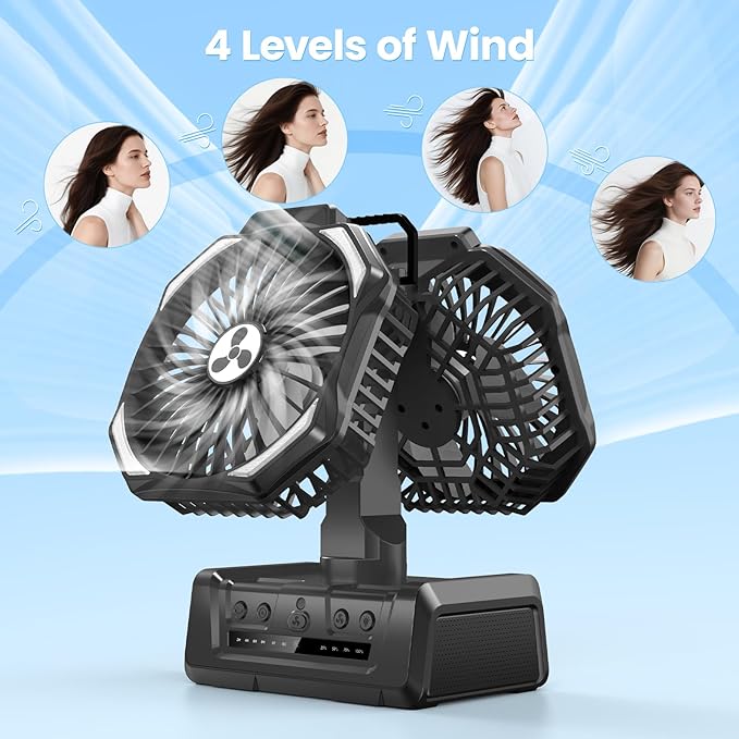 Dual Head Portable Rechargeable Fan 20000mAh Battery Powered Fan Camping Cordless with 360° Air Delivery, LED Lantern & Remote, Auto Oscillation, Battery Operated for Tent Office Travel Picnic Jobsite