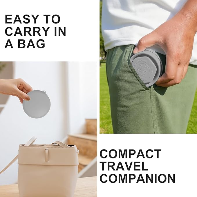 Collapsible Travel Cup with Lid (6oz/180ml) - BPA Free Silicone Folding Cup with Stainless Steel Rim - Portable Pocket Cup for Mouthwash, Pills, Hiking, Camping & Kids(Elegant gray)