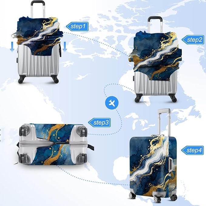 ANNA QUEEN Blue Abstract Marble Travel Luggage Cover -Stretchable Airplane Suitcase Protector Sleeve,Universal Washable Fit for 20-22 Inch Checked Baggage,Water Resistant Durable Luggage Protector