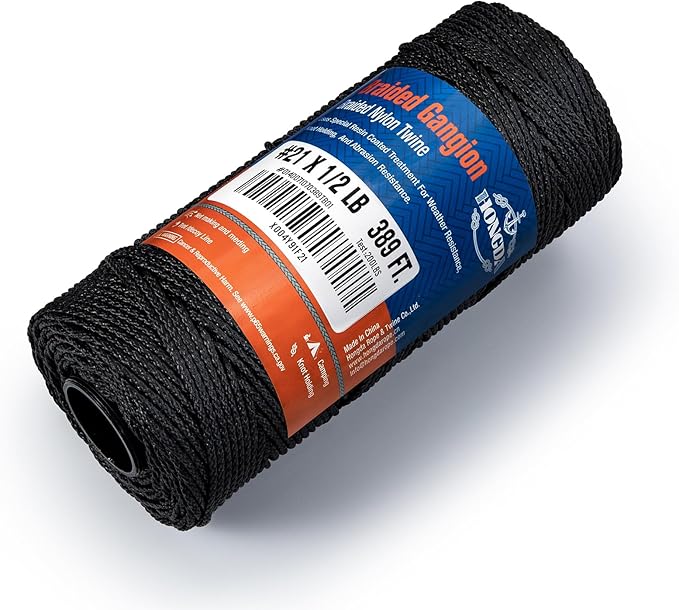 HONGDA #21 Braided Bank Line Twine, Braided Nylon String, 389 Feet Bank Line, Black Tarred String for Gardening, Construction, Gear Tying, Jungle Survival