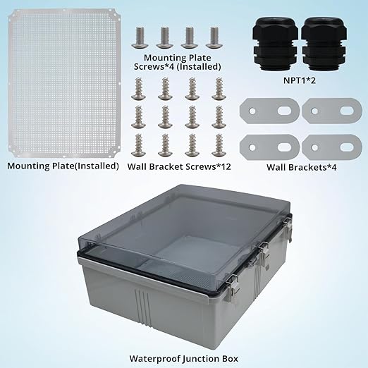 MAKERELE Clear Waterproof Boxes for Outdoors IP67 Large Outdoor Electrical Junction Box with Hinged Cover with Mounting Plate and 1" NPT*2(20"*16.1"*7.9")