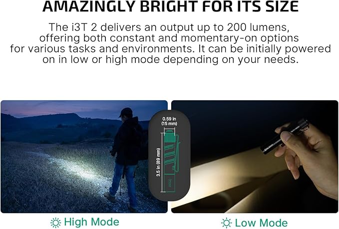 OLIGHT I3T 2 EOS Pocket EDC Flashlight, 200 Lumens Compact Bright Handheld Flash Lights, Dual-Output Tail Switch with AAA Battery and Two-Way Pocket Clip for Camping and Hiking (Black)