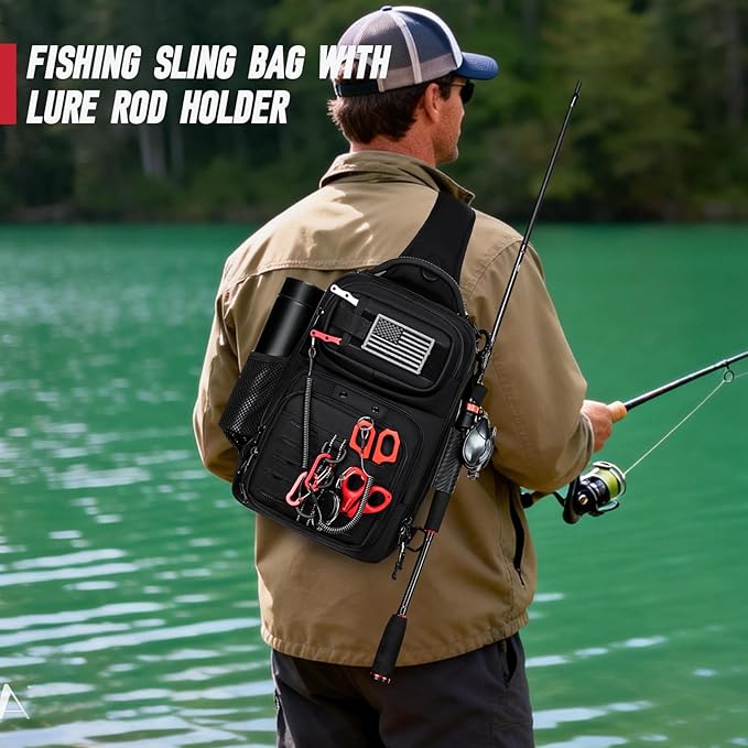 Fishing Sling Bag, Fishing Bag With Rod Holder Fixed Stickers, MOLLE System, Soft Bait & Gear Storage, Gift for Men Black