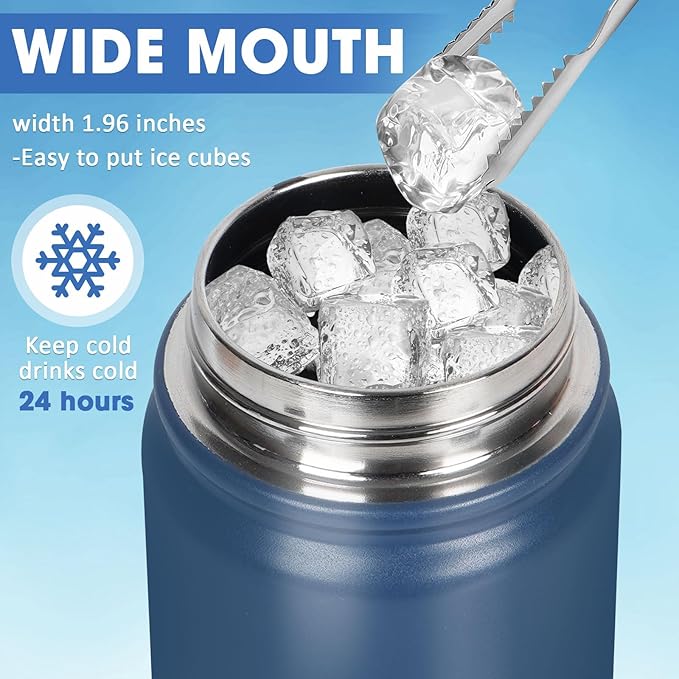 Insulated Water Bottle 24oz, Stainless Steel Double Wall Vacuum Sports Flask with 2-in-1 Straw & Chug Lid, BPA-Free, Leak Proof, Keeps Cold 24H for Travel Gym School