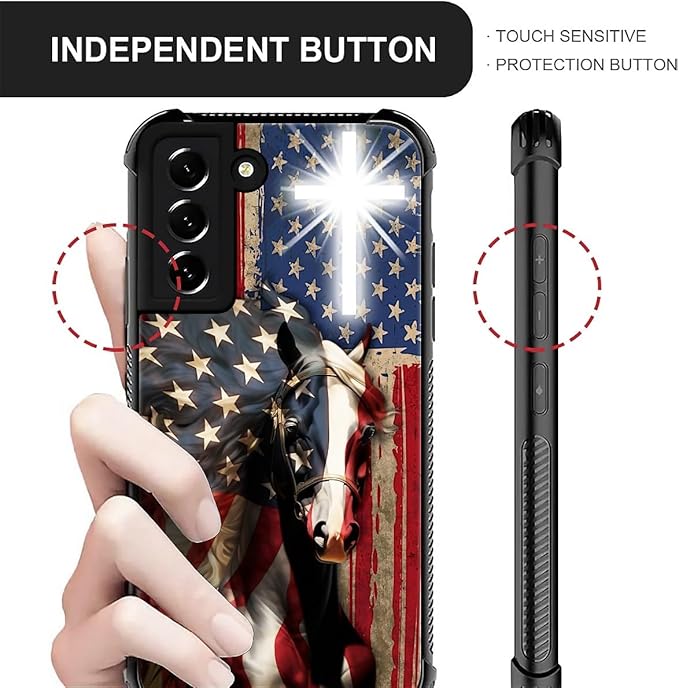 for Samsung Galaxy S21 Case, Red American Flag Horse Cross Pattern Graphic Design Girl Boy Soft Silicone Hard Acrylic Shock Protection for Samsung Galaxy S21