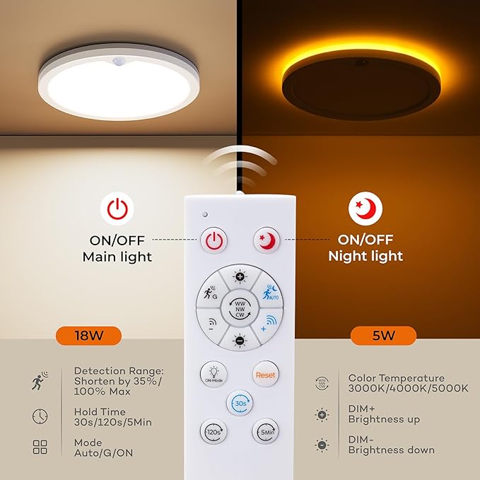 Annaror 2Pack Motion Ceiling Light with Remote, 8.7IN Wired Motion Sensor Light Indoor 3000K/4000K/5000K, Closet Lights Motion Sensored with Timer, Dimmable Motion Activated Light for Hallway Stair