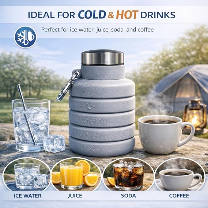 Collapsible Water Bottles,16oz Capacity Portable Reusable Silicone Water Bottle,Leak-proof,with buckle,foldable storage,Lightweight Durable for Fitness,Cycling,Sports,Camping,Hiking (Grey+Green)