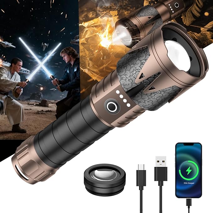 SKYFIRE Rechargeable Flashlight with Ignition Lens&Lightsaber, 3000lm Super Bright Tactical Flashlight Zoomable Waterproof LED Flash Light for Camping Essentials,Outdoor,Home Emergency-Upgraded