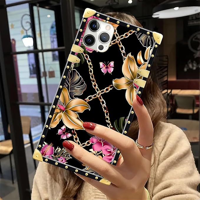 Compatible with iPhone 12 12 Pro Case, Pink Golden Chain Tropical Flower Luxury Golden Decoration for Girl Women Soft TPU Shockproof Protective Hard PC Back for iPhone 12 12 Pro