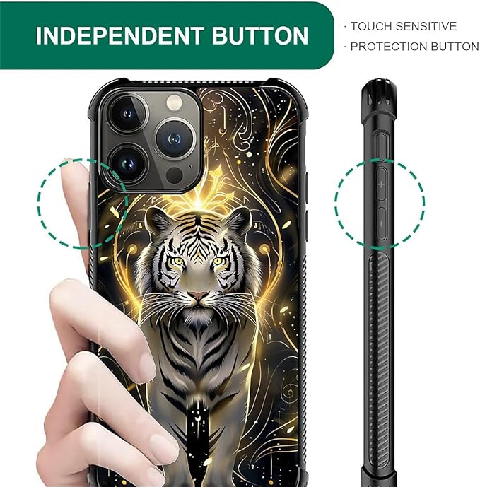 for iPhone 15 Pro Case, White Tiger Golden Mystery Pattern Graphic Design Girl Boy Soft Silicone Hard Acrylic Shock Protection for iPhone 15 Pro