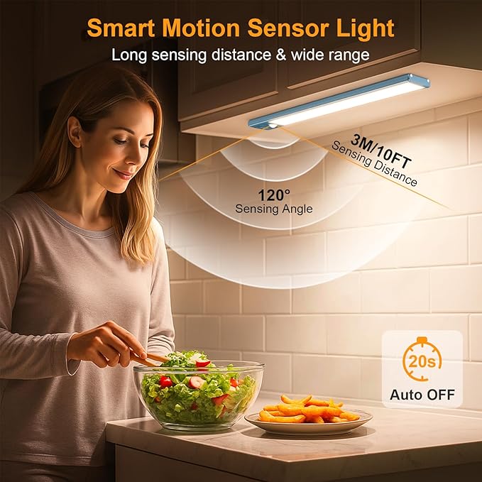 Gritin 10.2inch Under Cabinet Lighting Rechargeable 2 Pack- 3 Color Temps&5 Level Brightness, Super Bright, 4 Modes, Motion Sensor, Long Lasting-Easy Installation Magnetic Under Closet Lights-Sea Blue