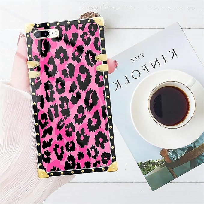 Compatible with iPhone 8 Plus 7 Plus Case, Pink Black Leopard Luxury Golden Decoration for Girl Women Soft TPU Shockproof Protective Hard PC Back for iPhone 8 Plus 7 Plus