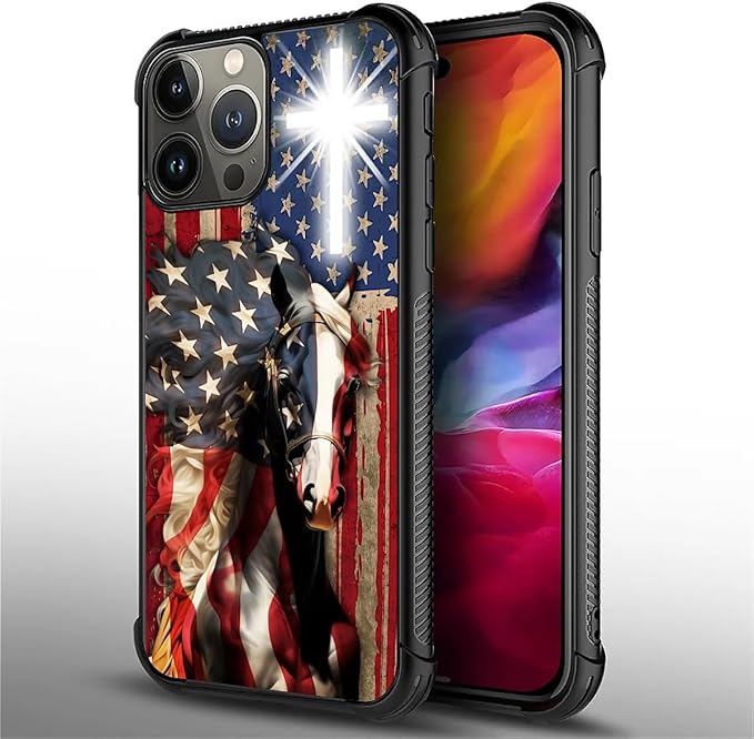 for iPhone 15 Pro Max Case, Red American Flag Horse Cross Pattern Graphic Design Girl Boy Soft Silicone Hard Acrylic Shock Protection for iPhone 15 Pro Max