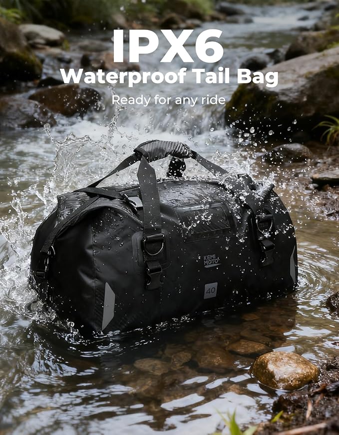 KEMIMOTO Waterproof Motorcycle Dry Bag – Duffle Tail Bag Soft Luggage, 25L/40L/65L Large Capacity with 4 Quick-Release Straps, Dustproof for Touring, Adventure, Motorcycling & Camping Black
