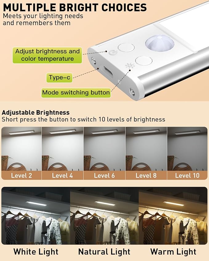 Under Cabinet Lighting, Rechargeable Motion Sensor Light Indoor, 4 Pack Magnetic Dimmable Closet Lights, Wireless Under Counter Lights for Kitchen, Stairs,Hallway(11.8inch)