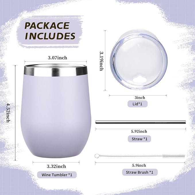 12oz Stemless Wine Tumbler with Lid Double Wall Insulated Wine Cup Stainless Steel Glasses Tumbler with Straw Insulated cocktail Tumbler Coffee Mug for Hot and Cold Beverages (Multicolor-5,4Pack)