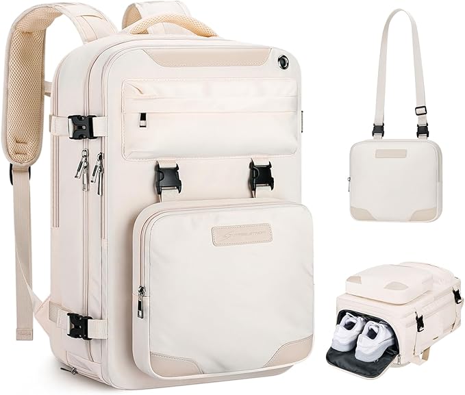 Maelstrom Travel Backpack for Women Men,35L Laptop Backpack Fits 17-Inch Laptop,Carry On Backpack for Airplanes with Crossbody Bag&Shoe Compartment&Toiletry Bag (Beige, Large)