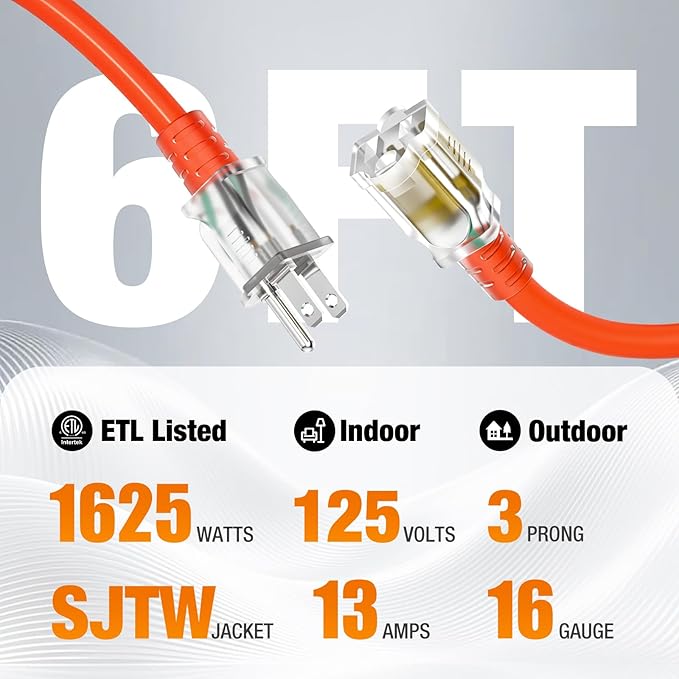 6 FT Outdoor Extension Cord Waterproof, 16/3 Gauge Heavy Duty 3 Prong Power Cord with Lighted Indicator End, 13A 125V 1625W SJTW, ETL Listed, Great for Lawn/Garden/Home(Oragne)