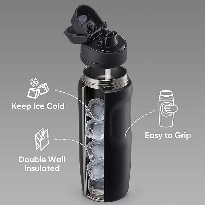 Fijinhom 24 oz Insulated Water Bottle,Stainless Steel Sports Water Bottle with Straw, Double Wall Vacuum Leak Proof, Cold for 24 Hours, BPA Free for Travel, Sport, Outdoor, Black