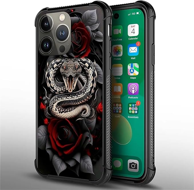 for iPhone 13 Pro Case, Entwined Rose Snake Pattern Graphic Design Girl Boy Soft Silicone Hard Acrylic Shock Protection for iPhone 13 Pro