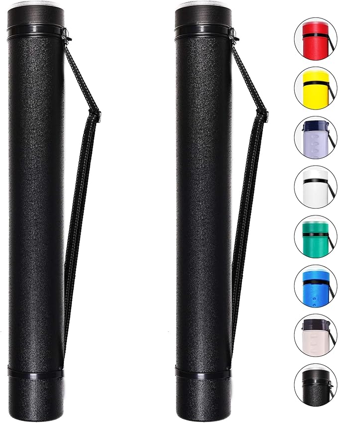 CALPALMY 2-Pack Extendable Poster Tubes Expand from 24.5” to 40” with Shoulder Strap | Carry Documents, Blueprints, Drawings and Art | Black Portable Durable Round Storage Cases with Lids and Labels