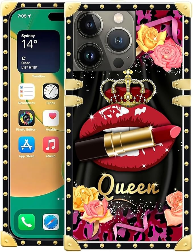 Compatible with iPhone 14 Pro Max Case, Queen Lip Crown Leopard Print Luxury Golden Decoration for Girl Women Soft TPU Shockproof Protective Hard PC Back for iPhone 14 Pro Max