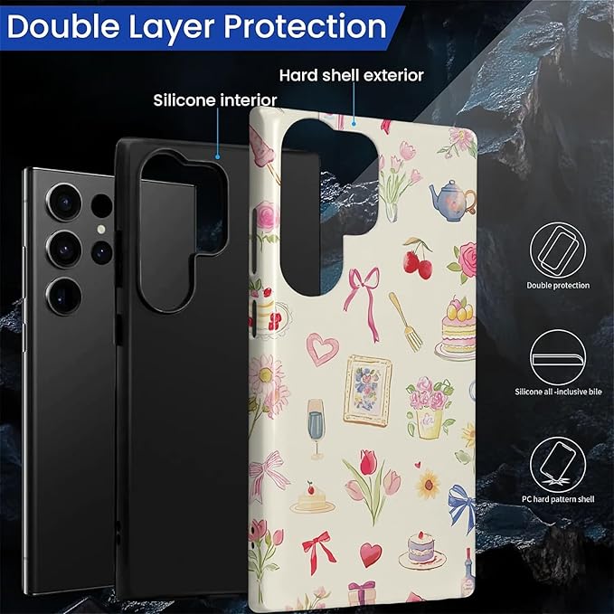 for Samsung Galaxy S24 Ultra Case,HL2 Aesthetic Bow Preppy Collage Hybrid 2 Layer Hard Shell Silicone Protective Pattern Design Case