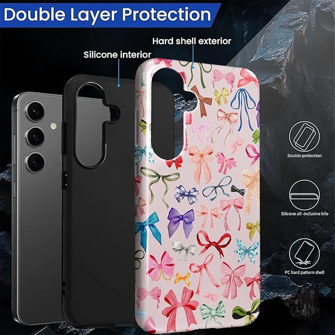 for Samsung Galaxy S24 Plus Case,HL2 Aesthetic Color Bow Tie Hybrid 2 Layer Hard Shell Silicone Protective Pattern Design Case