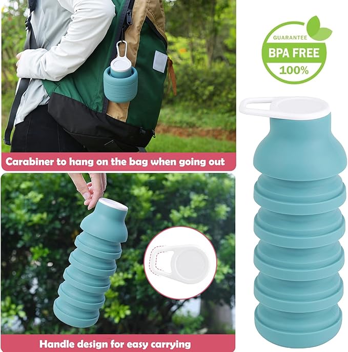 Collapsible Silicone Water Bottle – Foldable Travel Water Bottle Leakproof, BPA Free, Portable & Space-Saving – Perfect for Gym, Hiking,Travel(carabiner and cleaning brush),Light green