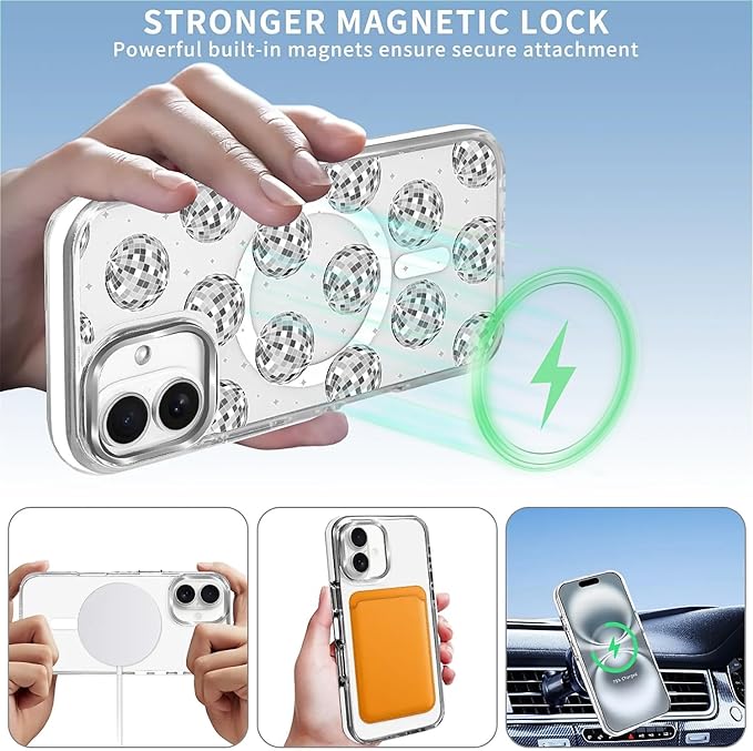 Case for iPhone 16,[Compatible with MagSafe],Disco Ball Grayish White Phone Case Design，for Women Girls Magnetic Clear Cover - Slim, Sleek, & Shockproof Protection