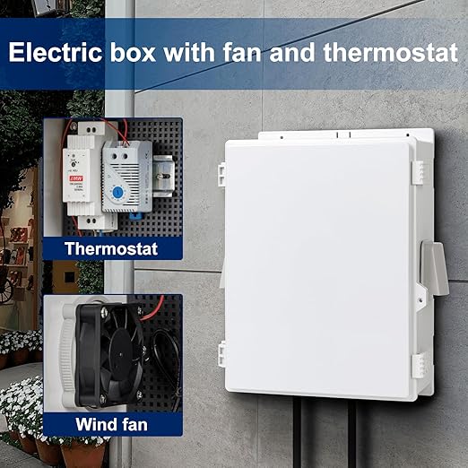 Namunanee Outdoor Electrical Box with Thermostat and Fan, ABS Water Resistant Enclosure with Internal Mounting Panel & Hinged Cover,16" H* 12" L* 5.9" W Plug & Play.