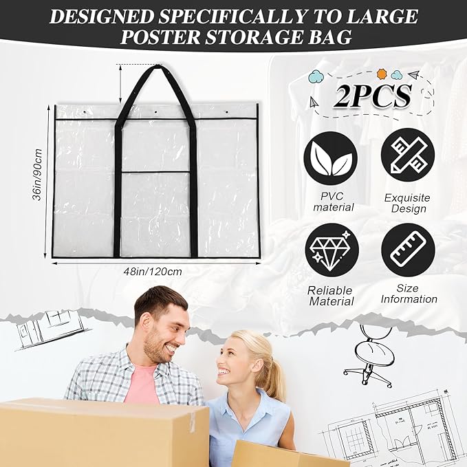 Windyun 2 Pack Large Poster Storage Bag 48" x 36" Bulletin Board Holder Art Portfolio Case PVC Art Portfolio Container Bulletin Board Storage Box with Pocket for Classroom Teacher Organization(Black)