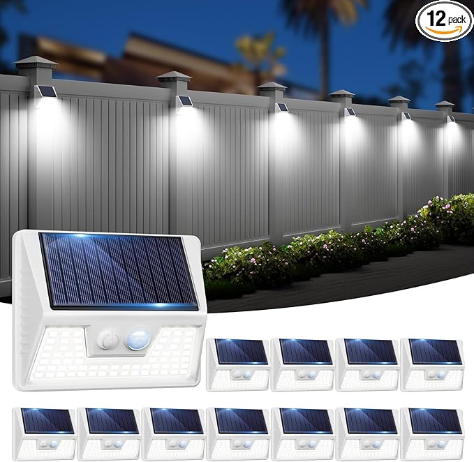 vighep 12Pack White Solar Lights Outdoor Motion Sensor, 6000K Cool Light/3 Lighting Modes, IP65 Waterproof Solar Powered Wall Lights Outside for Garden Fence Backyard Deck Driveway