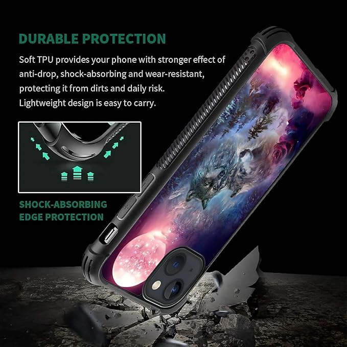 for iPhone 15 Case, Star Two Wolfs Howling Pattern Graphic Design Girl Boy Soft Silicone Hard Acrylic Shock Protection for iPhone 15