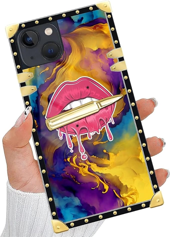 Compatible with iPhone 15 Case, Cool Corlorful Lip Marble Luxury Golden Decoration for Girl Women Soft TPU Shockproof Protective Hard PC Back for iPhone 15