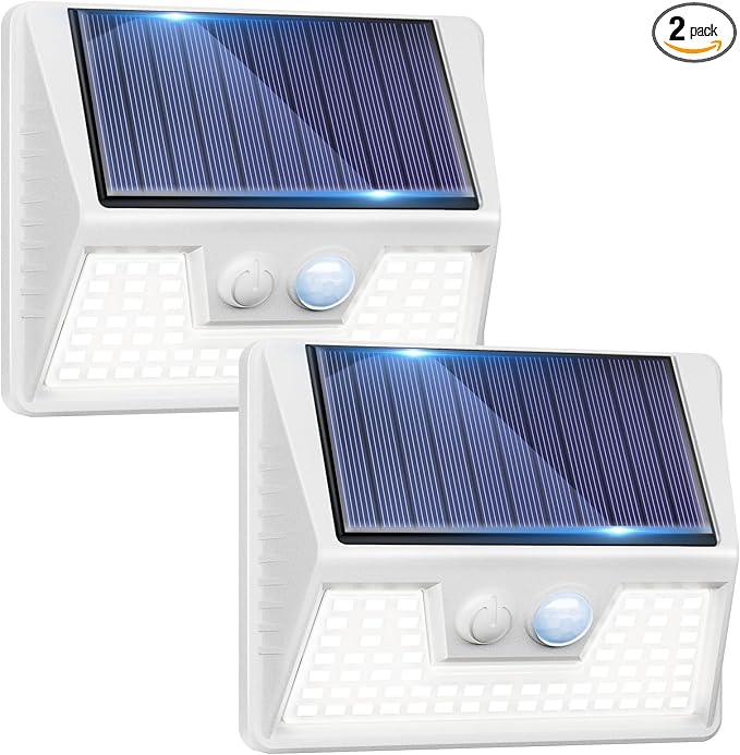 vighep 2 Pack Solar Motion Lights Outdoor, Waterproof Fence Lights Solar Powered with 3 Lighting Mode, Cold White LED Step Light for Outside Wall Yard Deck Stairs Garden - White